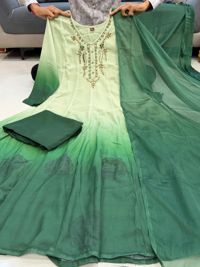 Mint Green Ombre Embroidered Anarkali Suit Set