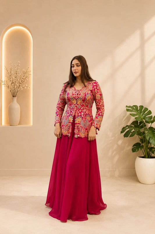 Stunning Rani Pink Embroidered Peplum Sharara Set