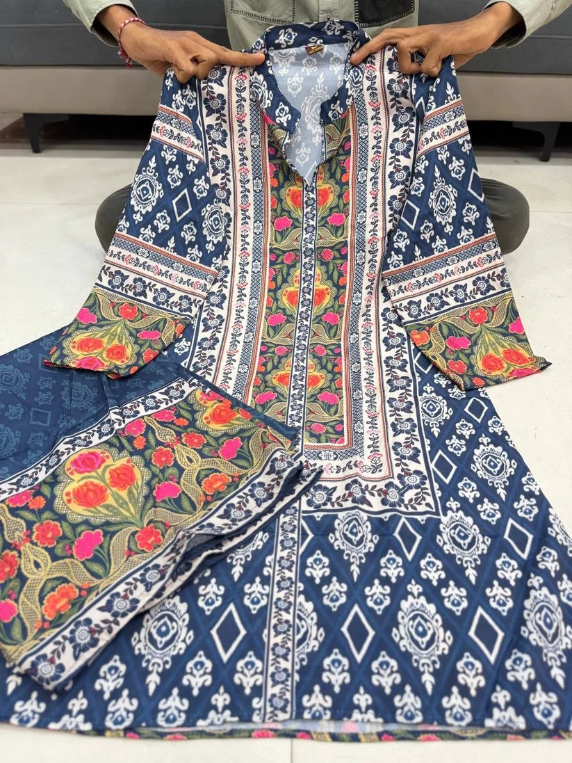 Captivating Navy Floral Kurti Palazzo Co-ord Set