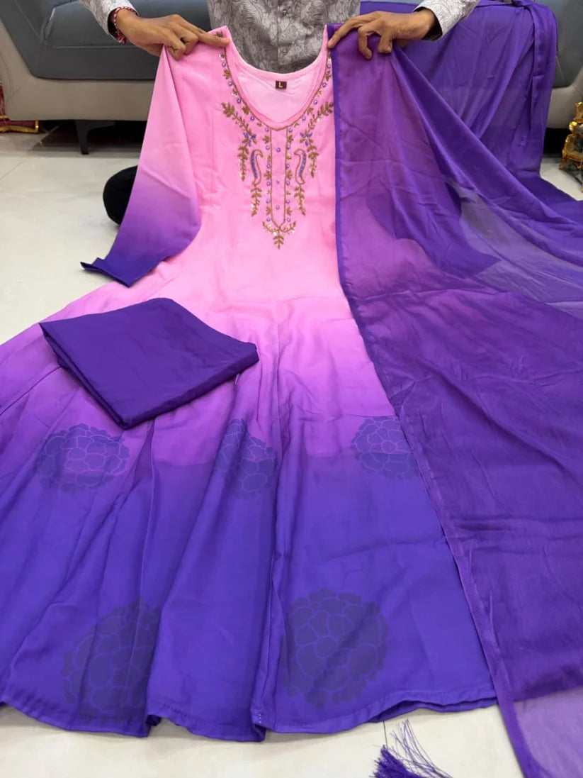 Pink Purple Ombre Embroidered Anarkali Suit Set