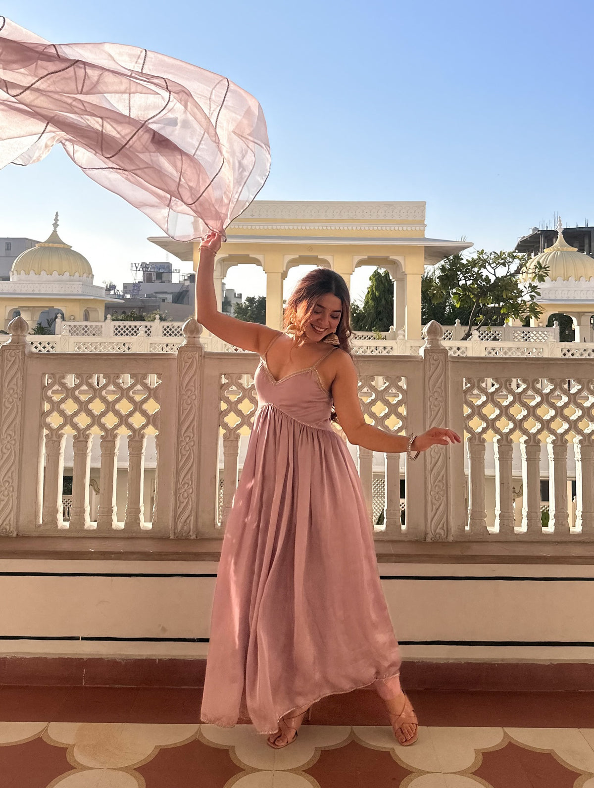 Blush Pink Satin Anarkali Gown Set with Organza Dupatta – Elegant Festive & Party Wear for Women