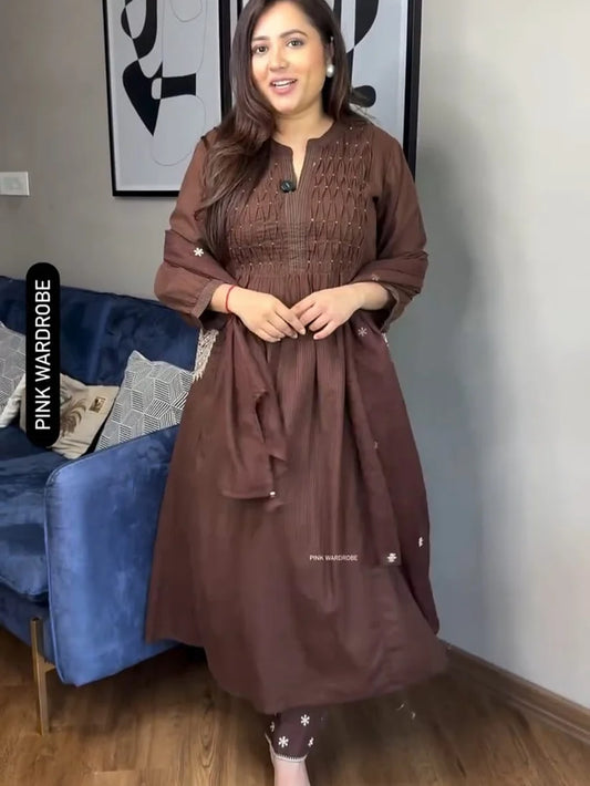 Beautiful Brown Embroidered Flared Kurta Set with Pants