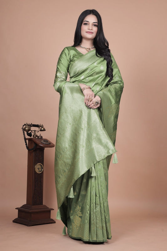 Lime Green Banarasi Silk Saree with Intricate Zari Peacock Motifs