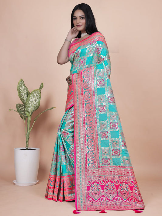 Magic Aqua Blue and Pink Banarasi Silk Saree with Silver Zari Weaving