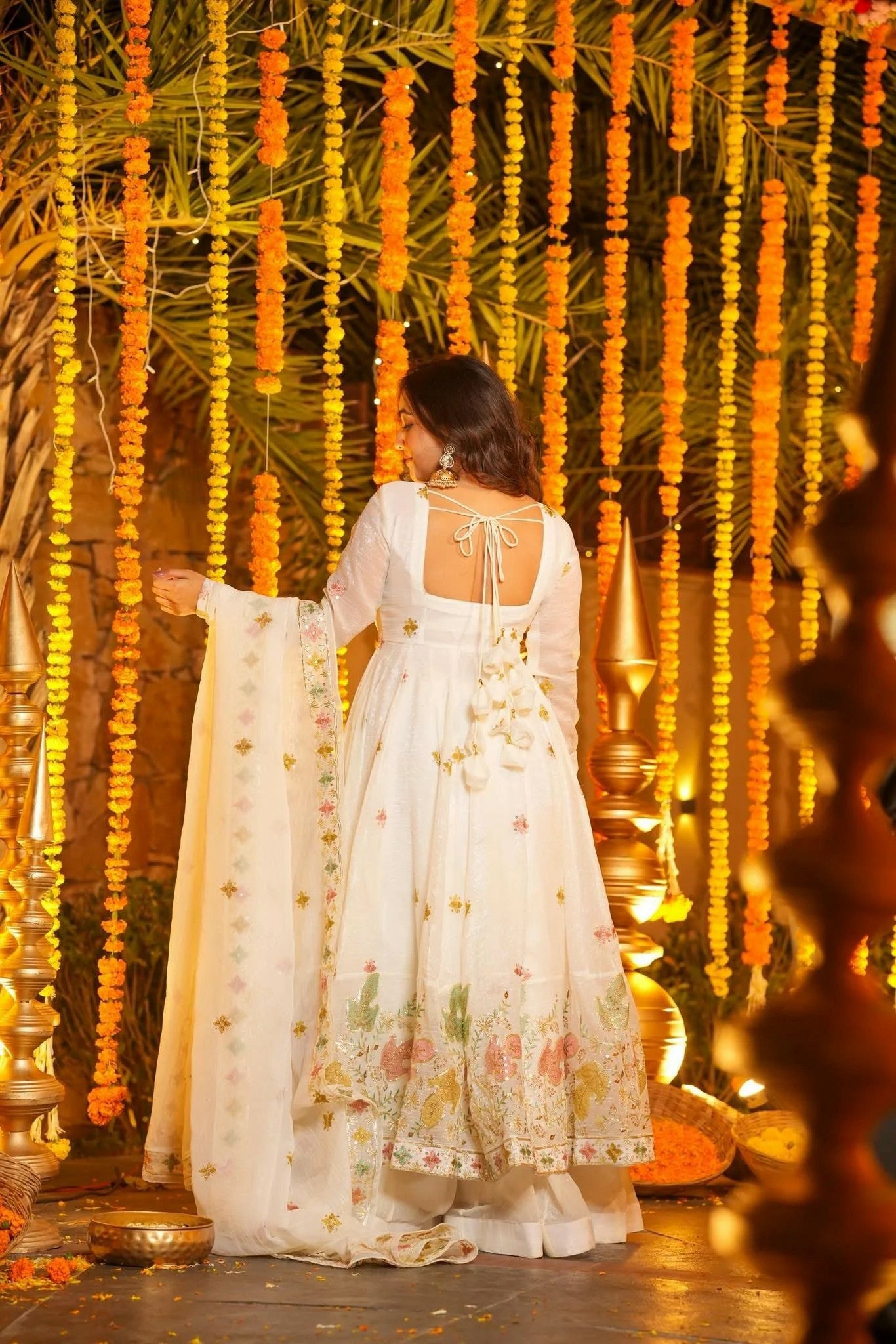 White Premium Soft Cruncy Silk Anarkali Suit Set with Floral Embroidery,