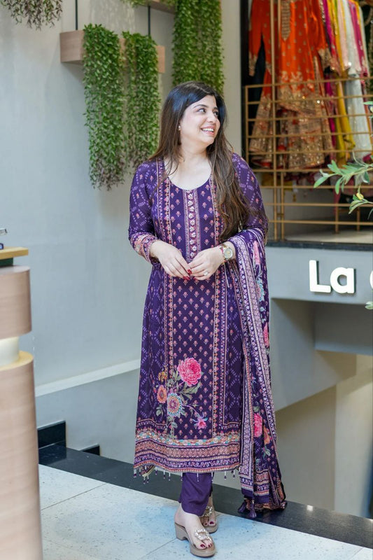 Magic Purple Floral Printed Chinon Straight Suit Set