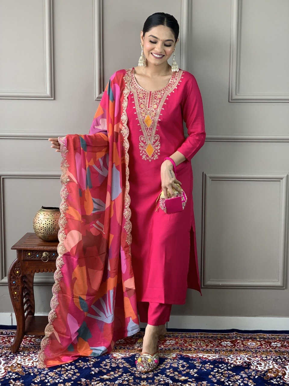 Vibrant Pink Embroidered Suit Set With Printed Dupatta