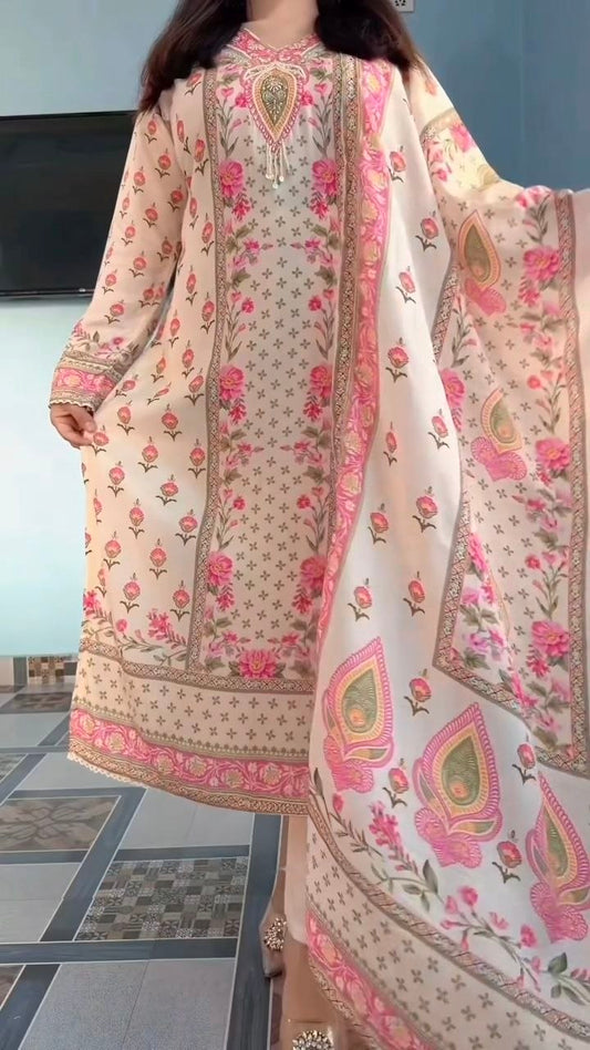 Graceful Ivory Floral Printed Pure Cotton Stitched Suit Set with Elegant Dupatta