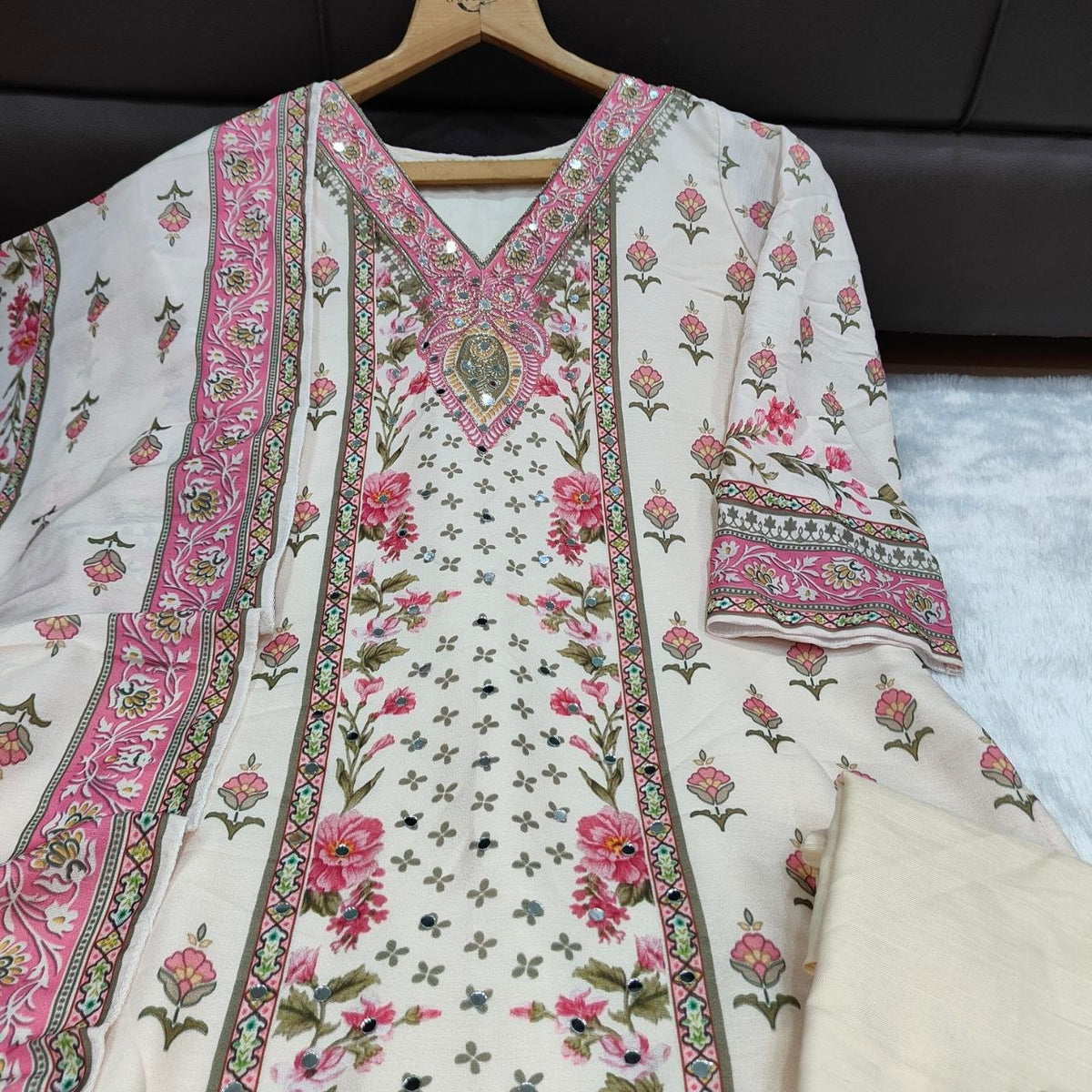 Graceful Ivory Floral Printed Pure Cotton Stitched Suit Set with Elegant Dupatta