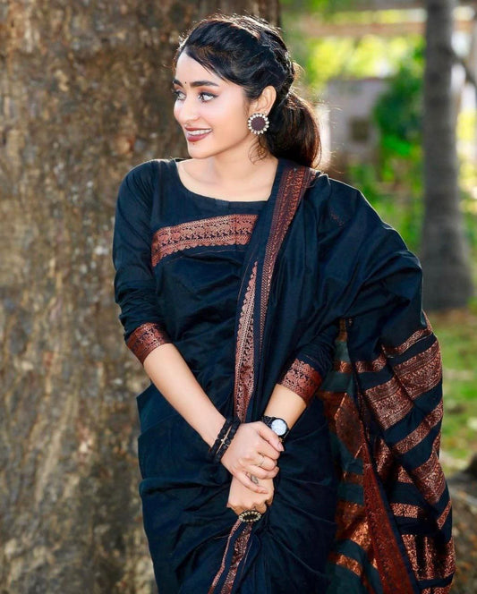 Elegant Jet Black Lichi Silk Saree with Rich Copper Zari Border for Women