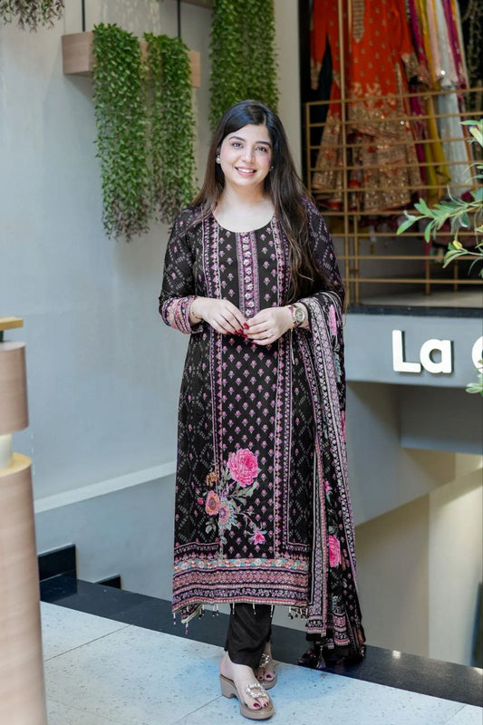 Luxury Black Floral Printed Chinon Silk Straight Suit Set with Matching Dupatt
