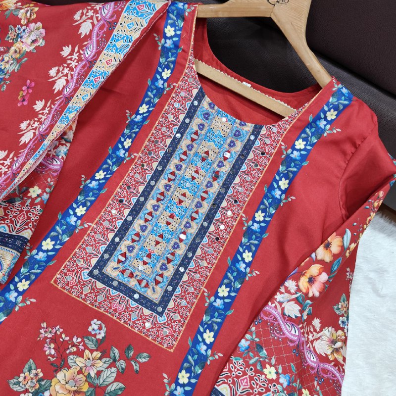 Gorgeous Women's Red Floral Printed Muslin Kurta Pant & Dupatta Set
