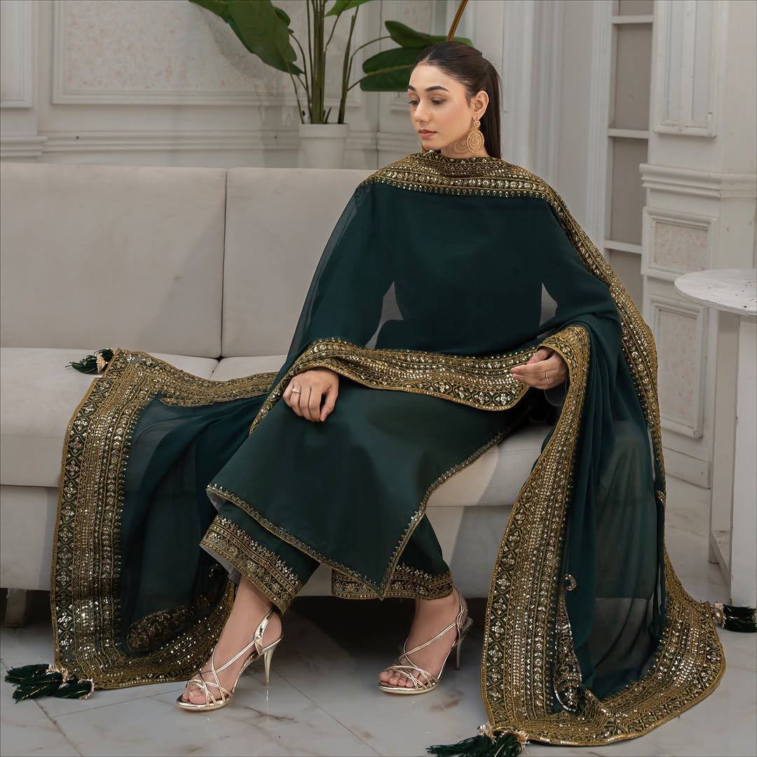 Emerald Grace Premium Embroidered Suit Set with Heavy Designer Dupatta