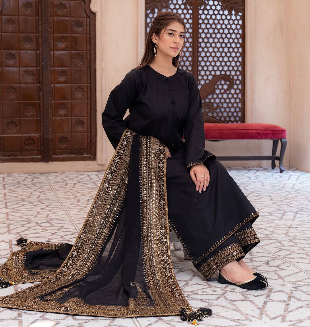 Royal Noir Embroidered Premium Pure Cotton Suit Set with Heavy Traditional Dupatta