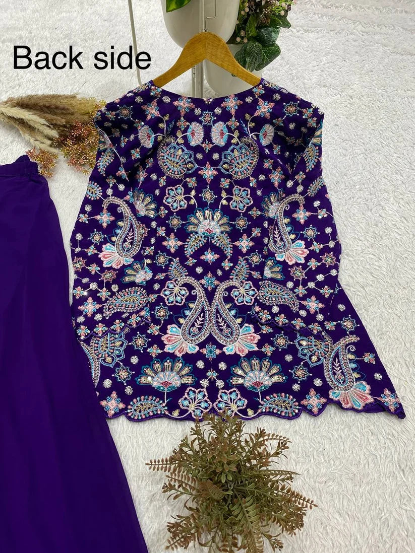 Elegant Royal Purple Floral Embroidered Peplum Sharara Set