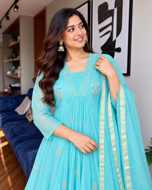 Charming Aqua Blue Embroidered Anarkali Suit Set