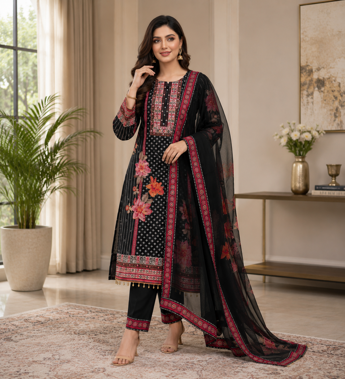 Women's Black Floral Printed Muslin Kurta Pant & Dupatta Set