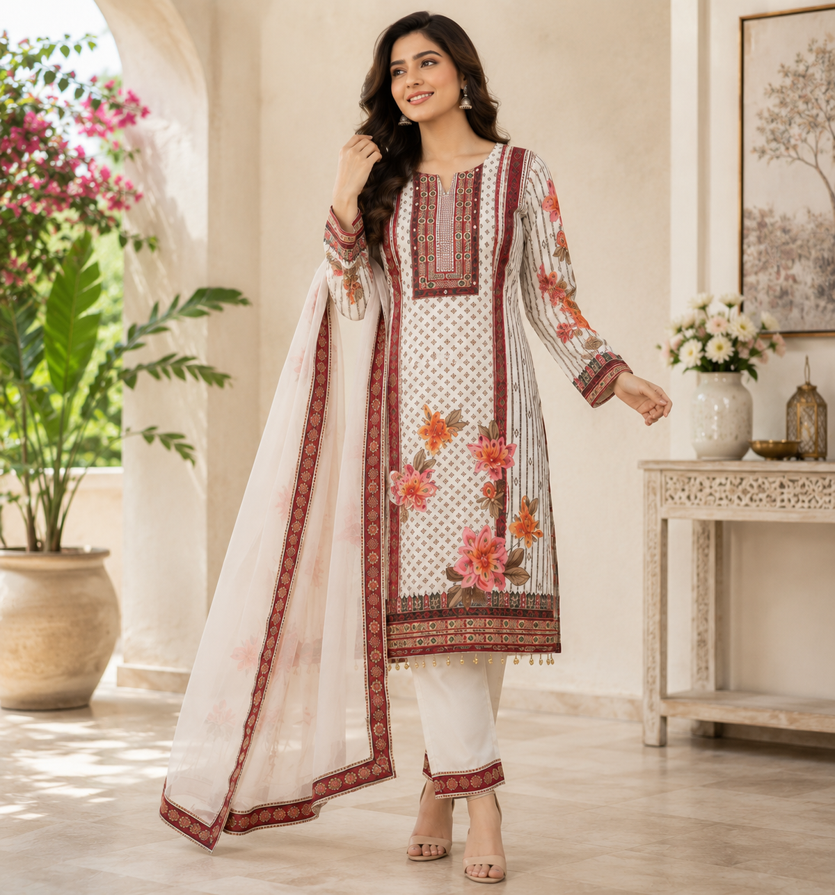 Stylish Women's Cream Floral Printed Muslin Kurta Pant & Dupatta Set