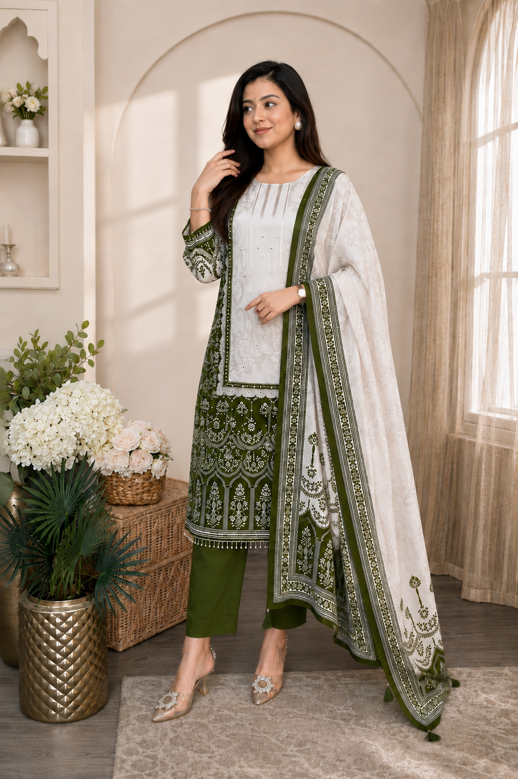 Elegant Olive Green & Ivory Chinon Embroidered Suit Set