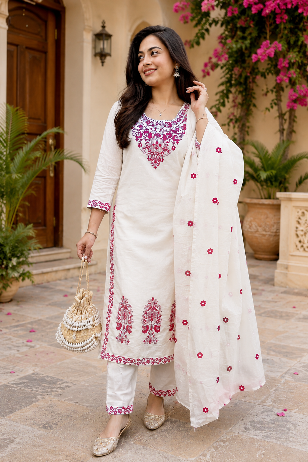 Pretty White Embroidered Cotton Suit Set