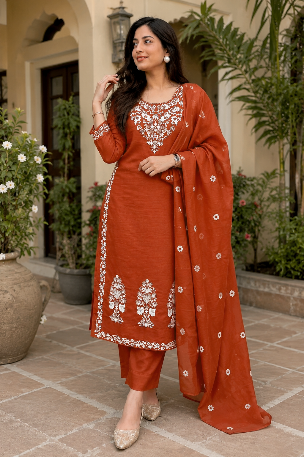 Rust Charm Embroidered Cotton Suit Set