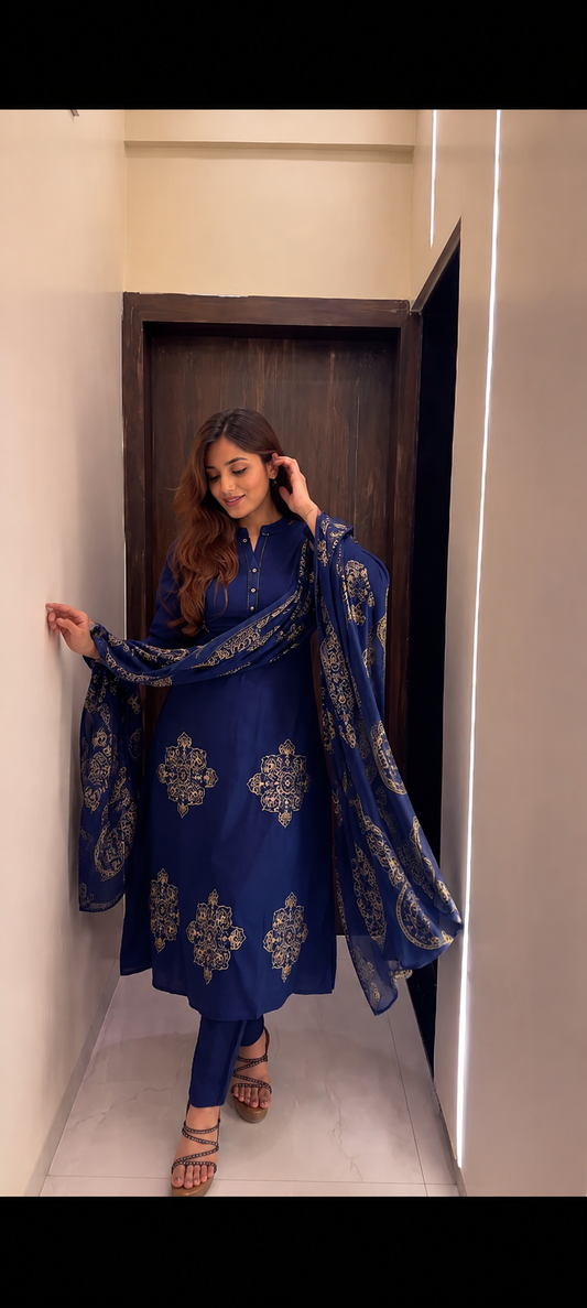 Radiant Navy Blue Pure Cotton Printed Kurta Pant & Dupatta Set for Women