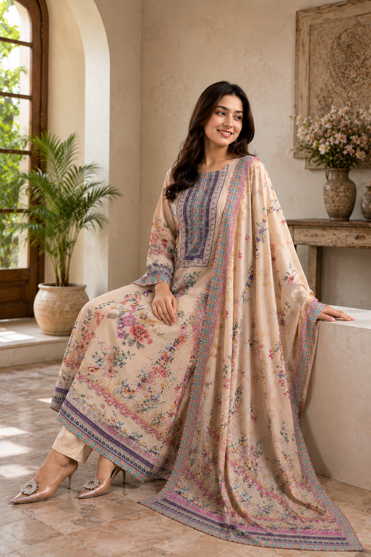 Graceful Floral Printed Premium Suit Set with Designer Neckline & Matching Dupatta