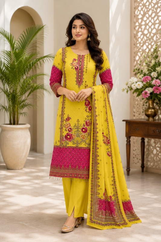 Elegant Yellow Heritage Print Suit Set