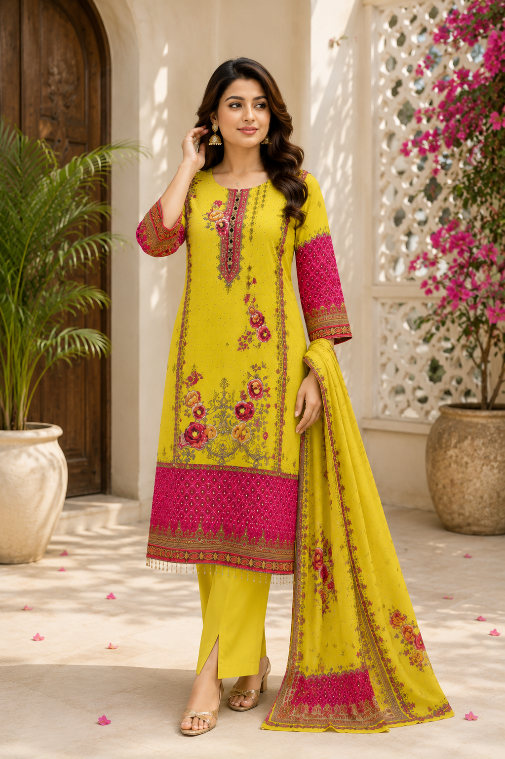 Elegant Yellow Heritage Print Suit Set