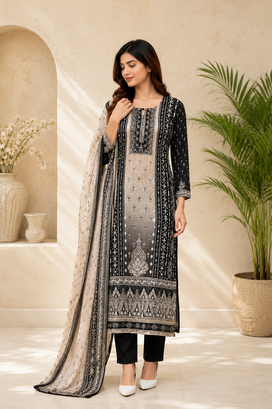Premium Elegance Black Printed Kurta Pant & Dupatta Set for Wome