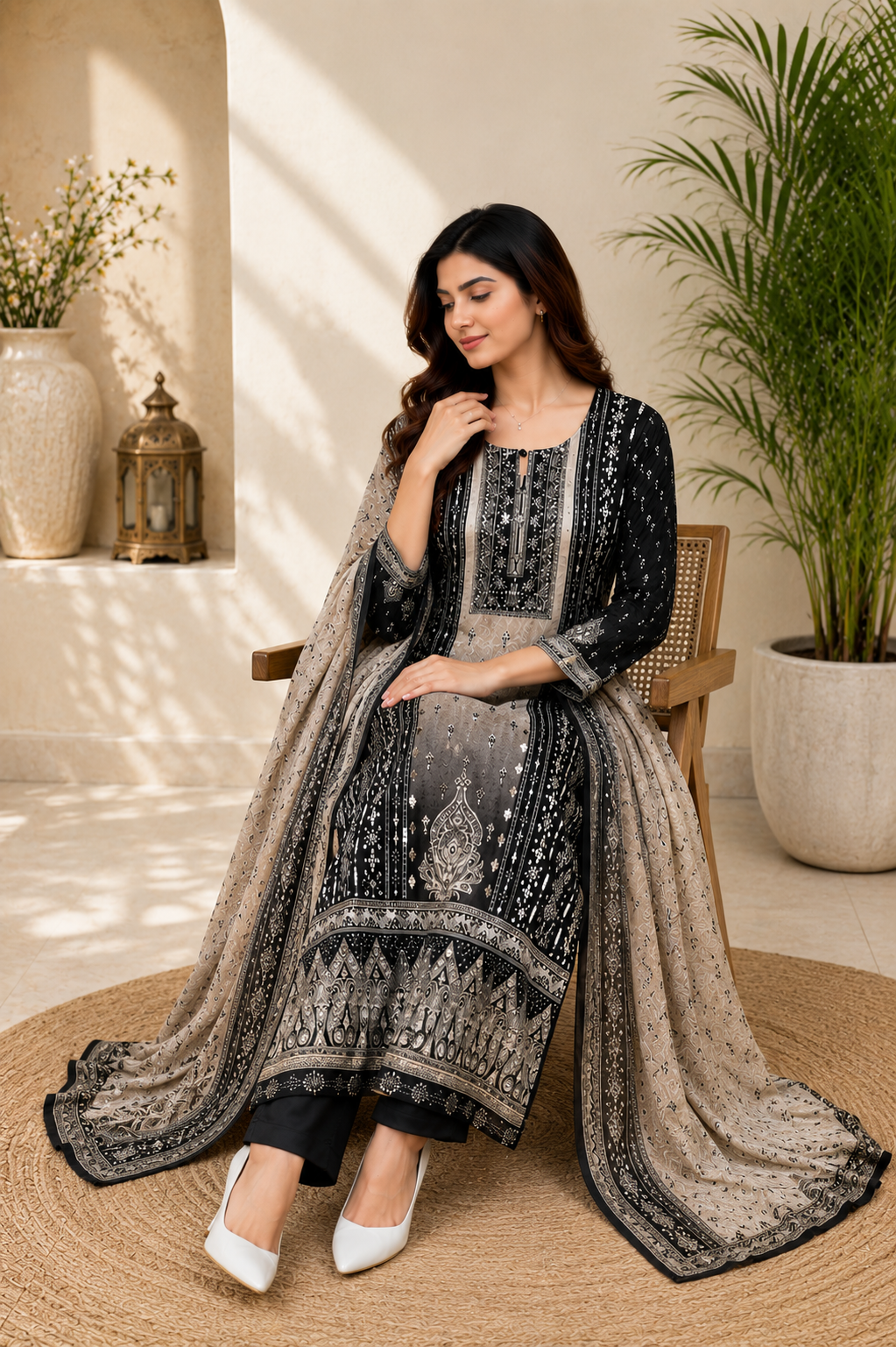 Premium Elegance Black Printed Kurta Pant & Dupatta Set for Wome