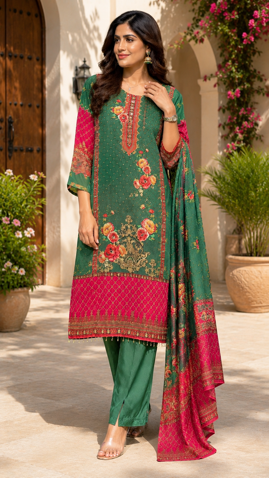 Women's Green Floral Printed Straight Kurta Pant & Dupatta Set |