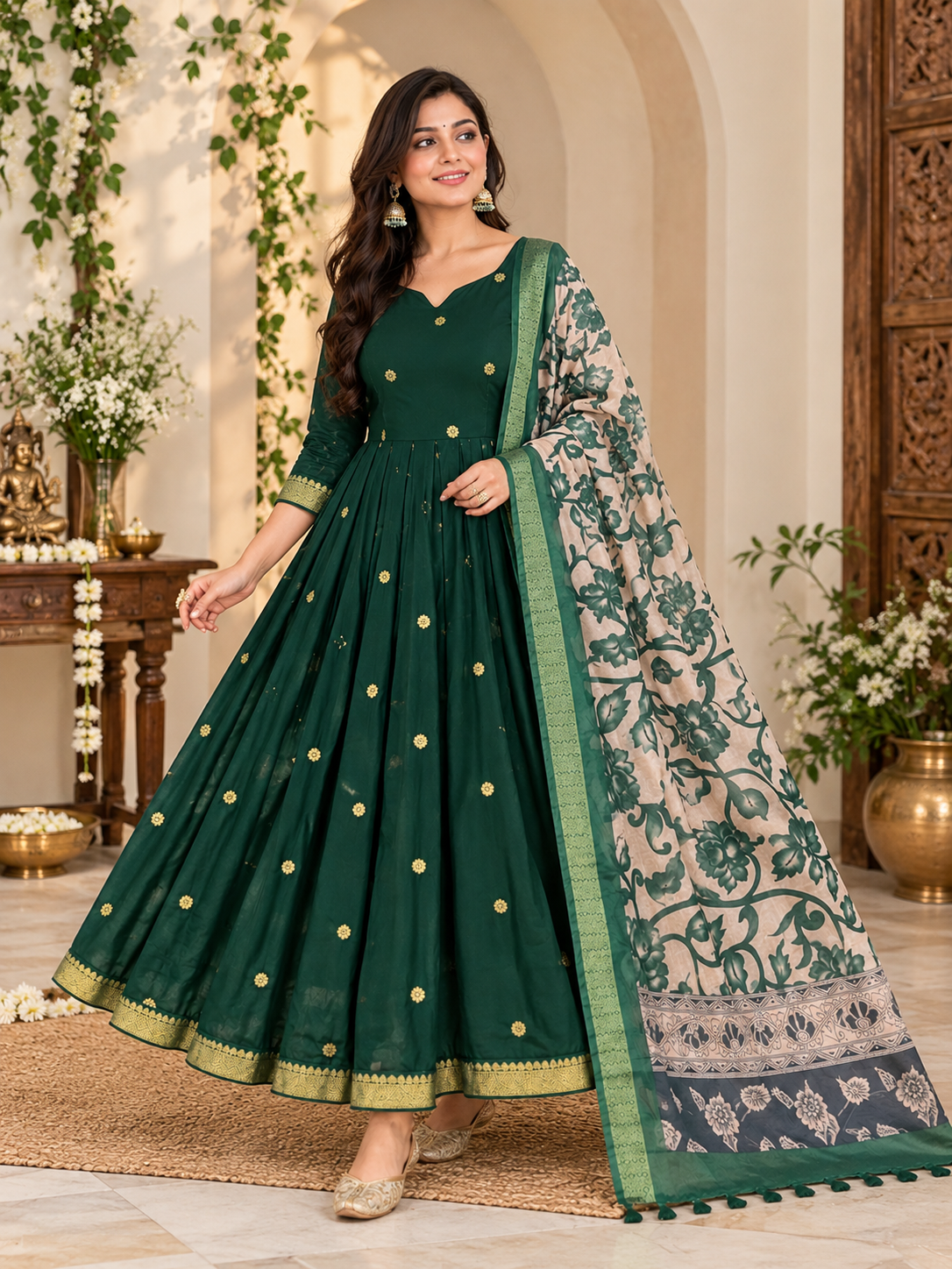 Forest Green Floral Dupatta Anarkali Set