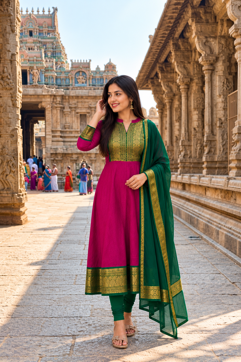 Beautiful Rani Pink Green Anarkali Suit Set