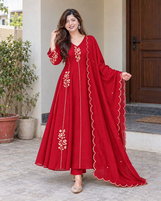 Charming Ruby Red Floral Embroidered Anarkali Suit Set