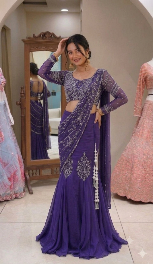 Royal Purple Ready-to-Wear Lehenga Saree with Embroidered Blouse & Drape