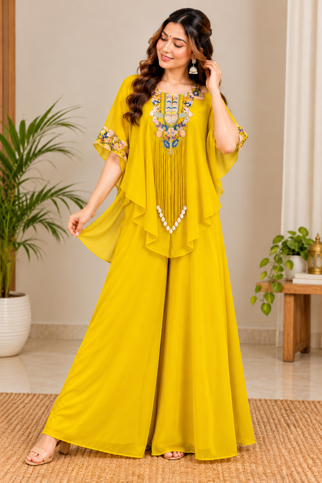 Radiant Mustard Yellow Embroidered Kaftan Palazzo Set