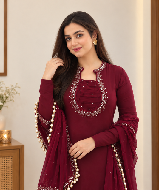 Graceful Maroon Embellished Sharara Suit Set