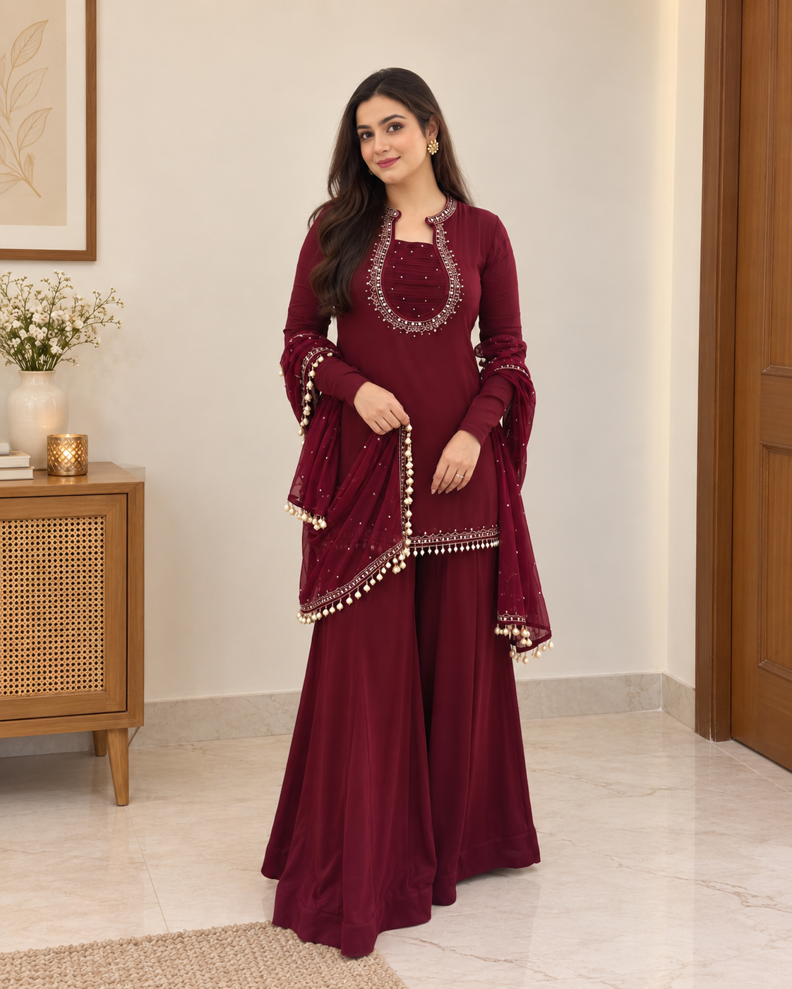Graceful Maroon Embellished Sharara Suit Set
