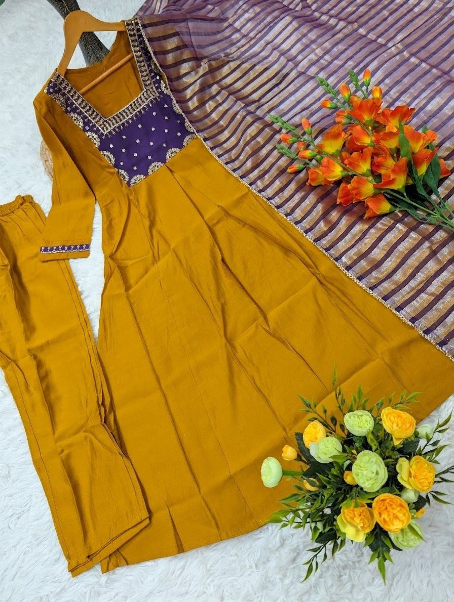 Beautiful Yellow Anarkali Kurta Pant Set with Purple Striped Dupatta