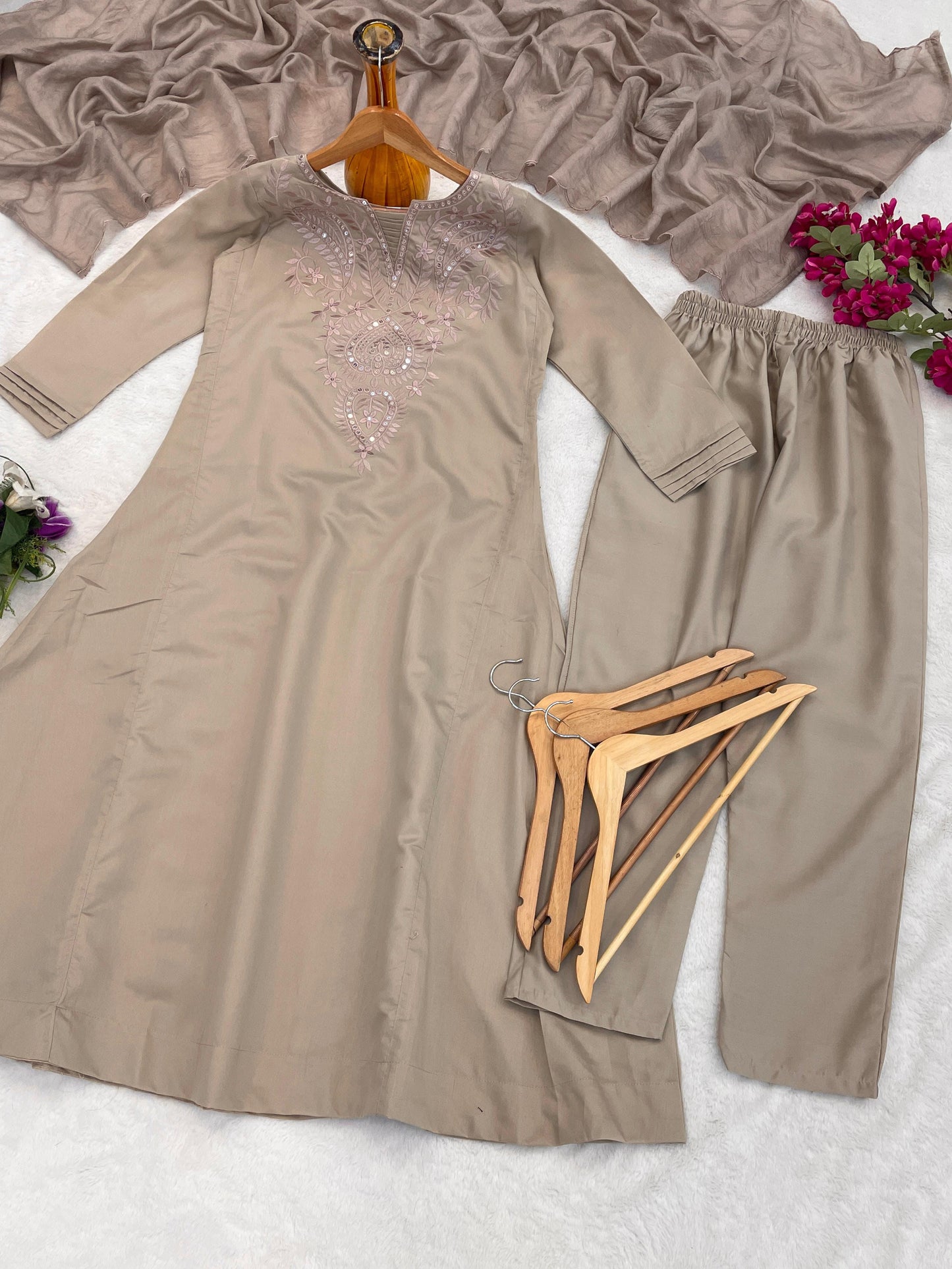 Dusty Rose Embroidered Kurta Pant Set with Matching Dupatta