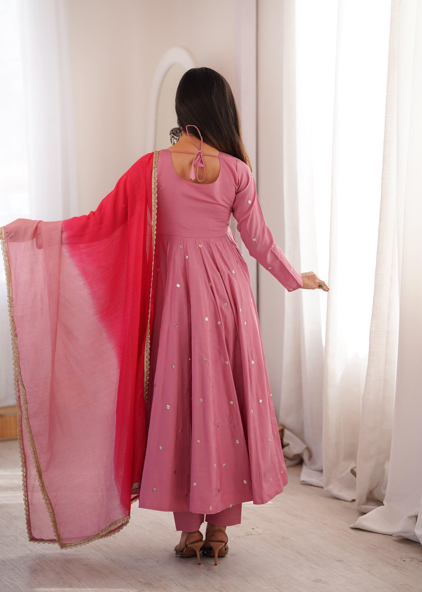 Festive Embellished Anarkali Kurta Pant Set with Dual-Tone Dupatta for Women