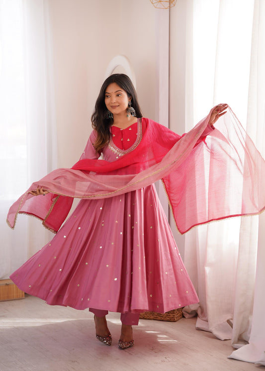 Festive Embellished Anarkali Kurta Pant Set with Dual-Tone Dupatta for Women