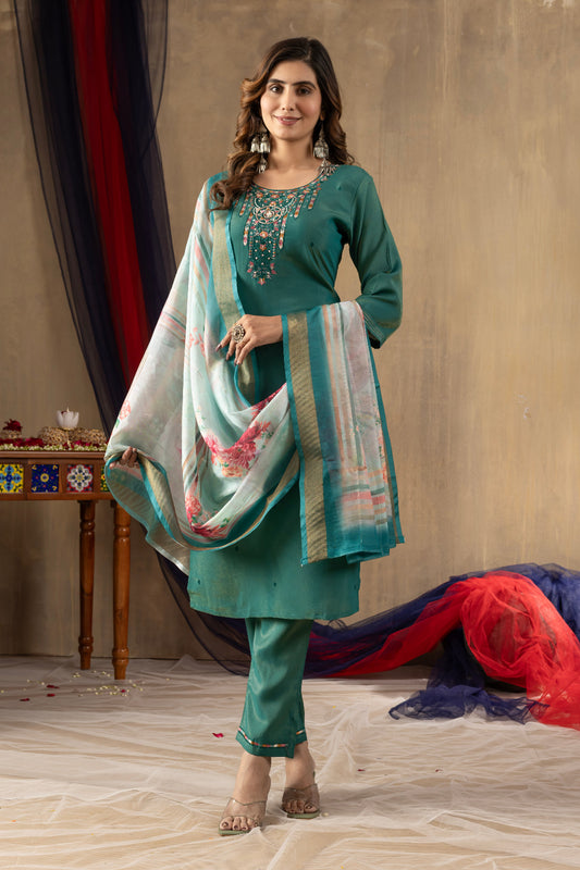Teal Embroidered Kurta Pant Set with Floral Organza Dupatta