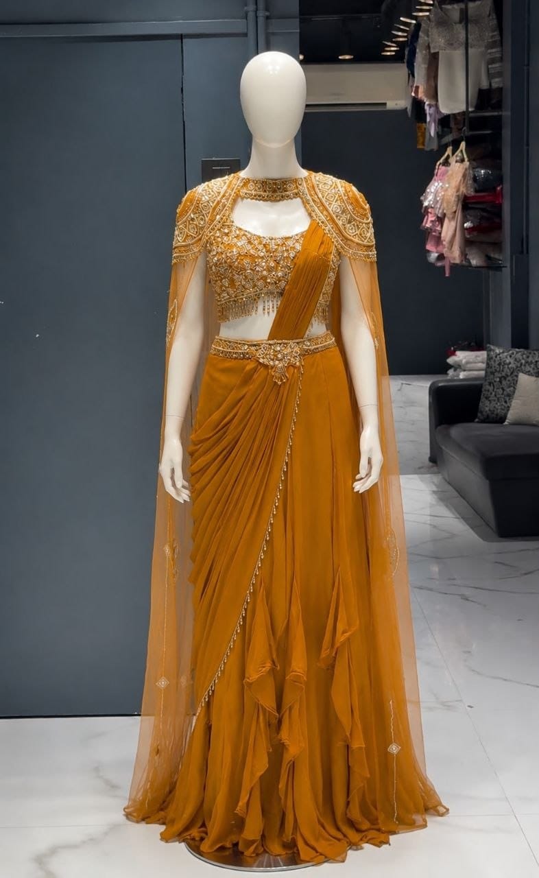 Mustard Gold Ready-to-Wear Lehenga Saree with Embroidered Blouse & Cape