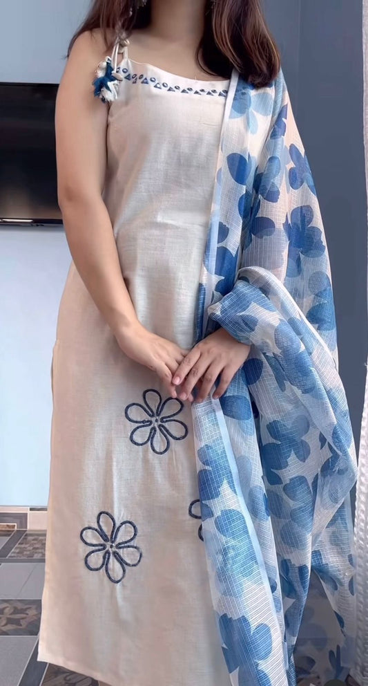 Elegant Off-White Rayon Cotton Kurta Set with Blue Floral Printed Organza Dupatta