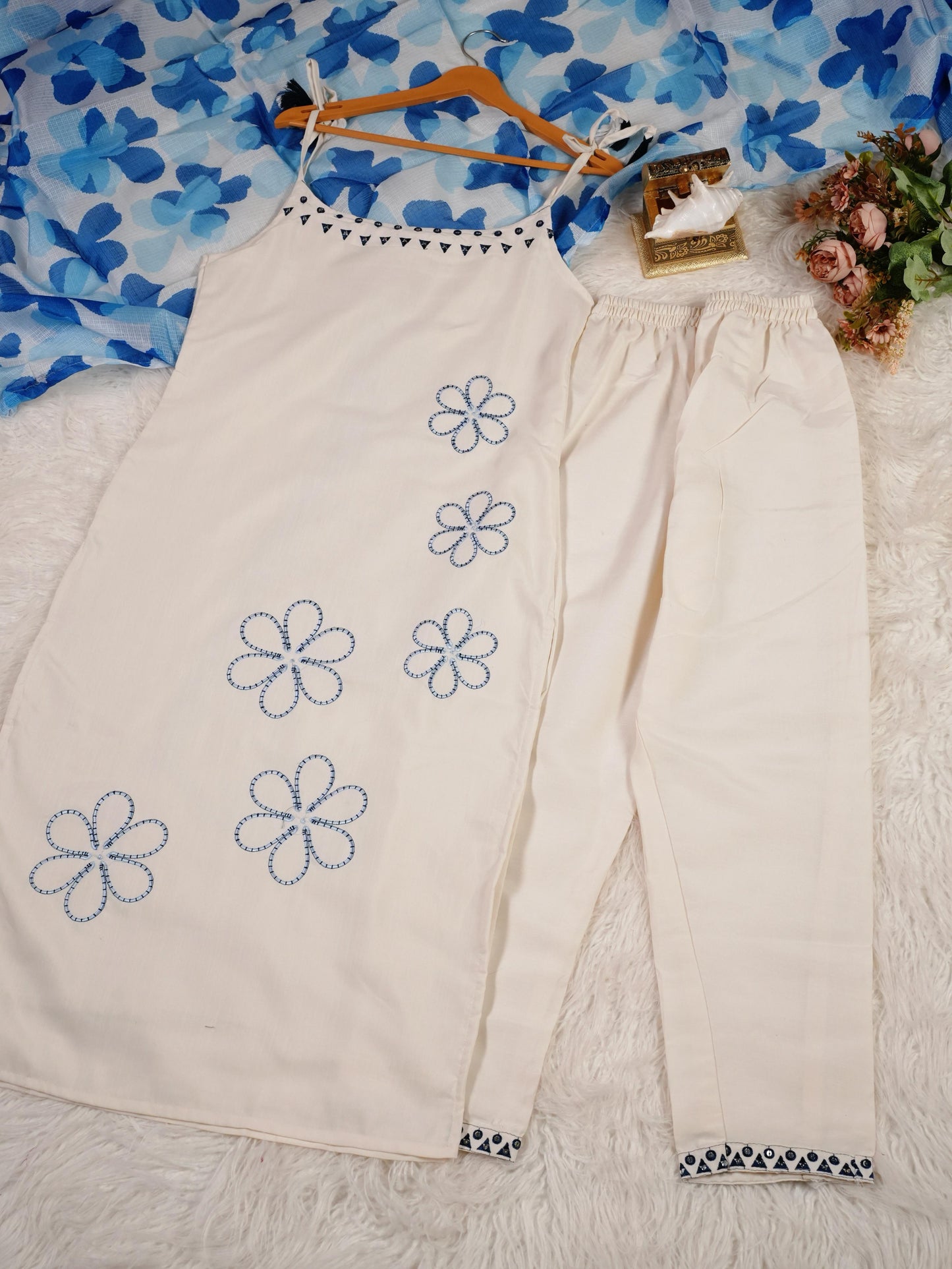 Elegant Off-White Rayon Cotton Kurta Set with Blue Floral Printed Organza Dupatta
