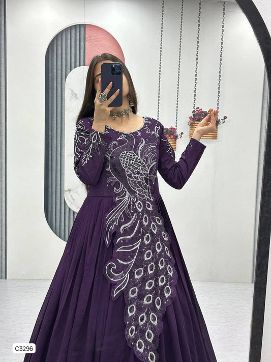 Beautiful Royal Plum Peacock Designer Anarkali Gown in Vichitra Silk