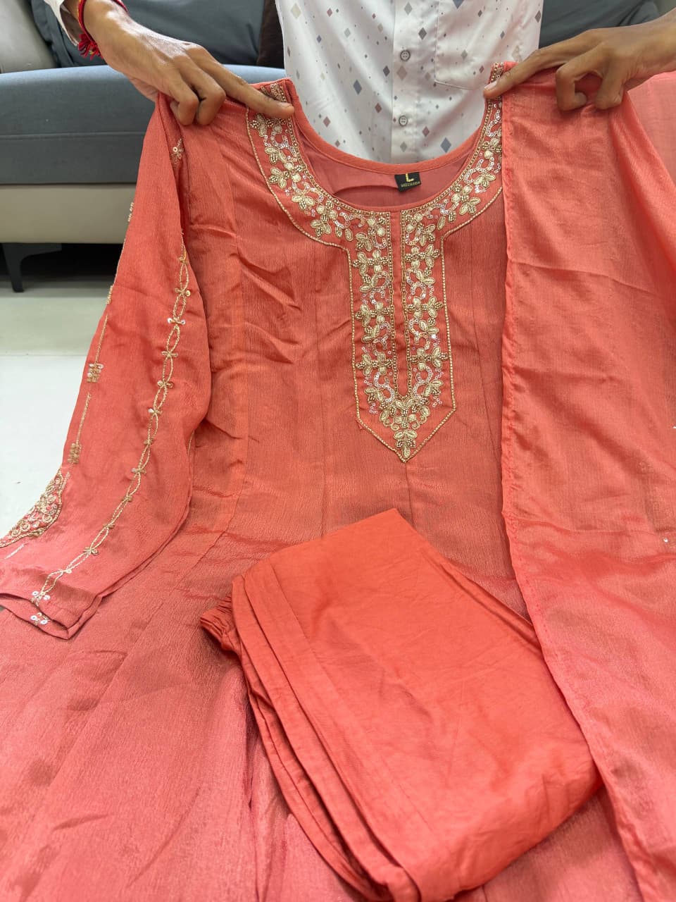 Rust Peach Embroidered Flared Suit Set