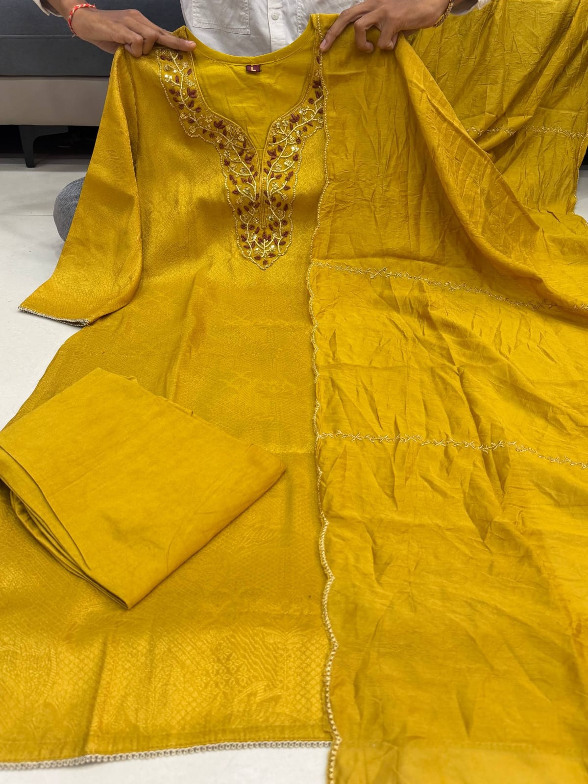 Mustard Grace Embroidered Kurta Pant Dupatta Set